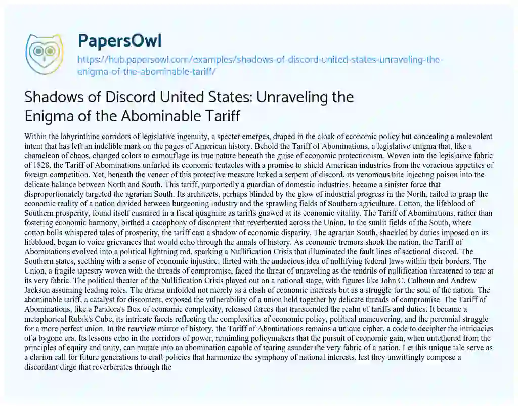 Essay on Shadows of Discord United States: Unraveling the Enigma of the Abominable Tariff