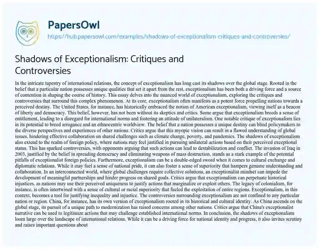 Essay on Shadows of Exceptionalism: Critiques and Controversies