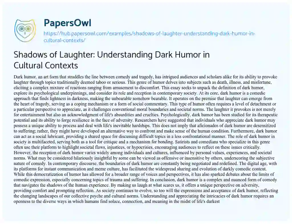 Essay on Shadows of Laughter: Understanding Dark Humor in Cultural Contexts