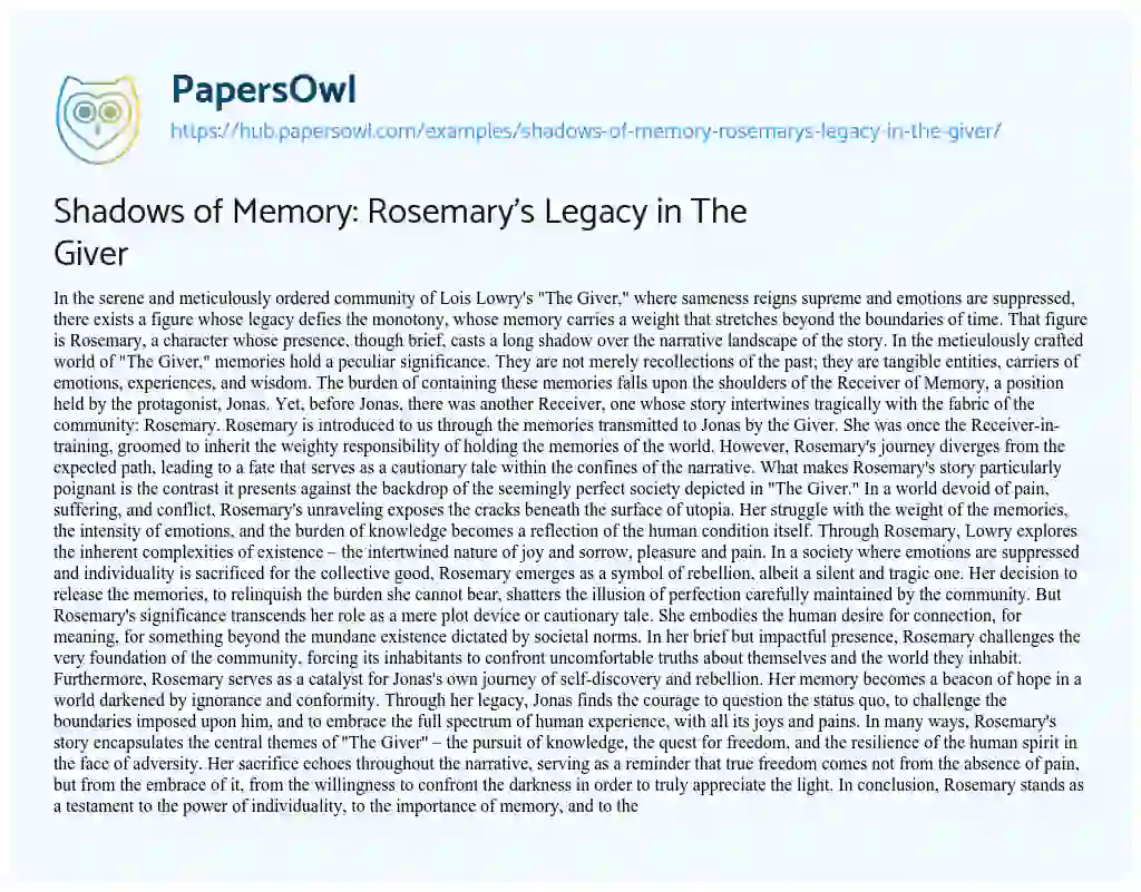 Essay on Shadows of Memory: Rosemary’s Legacy in The Giver