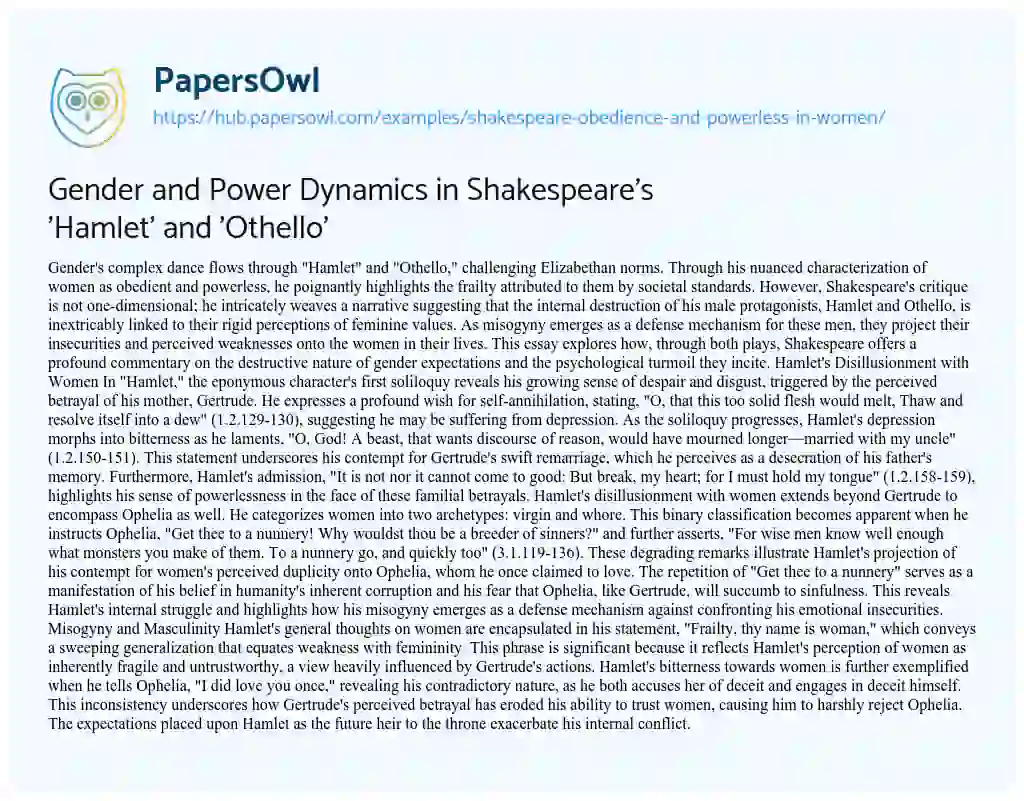 Essay on Gender and Power Dynamics in Shakespeare’s ‘Hamlet’ and ‘Othello’