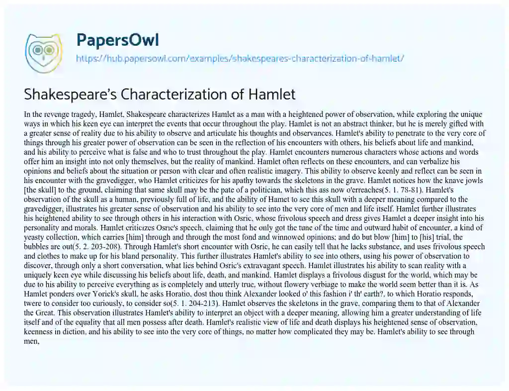 Essay on Shakespeare’s Characterization of Hamlet