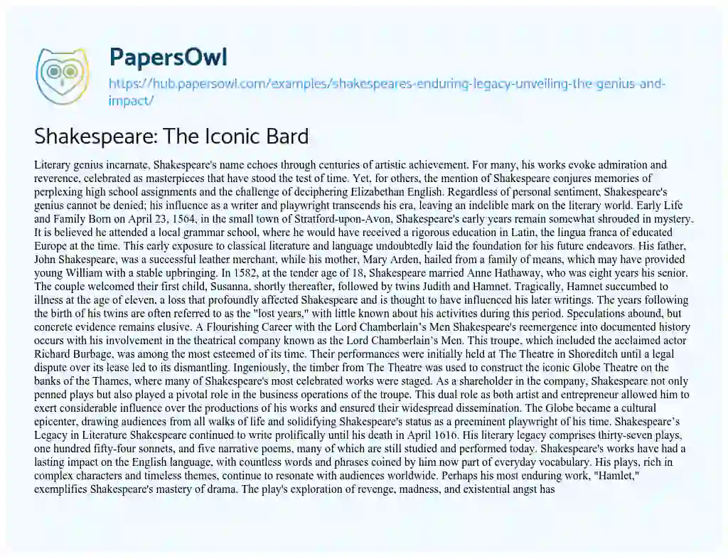 Essay on Shakespeare: The Iconic Bard