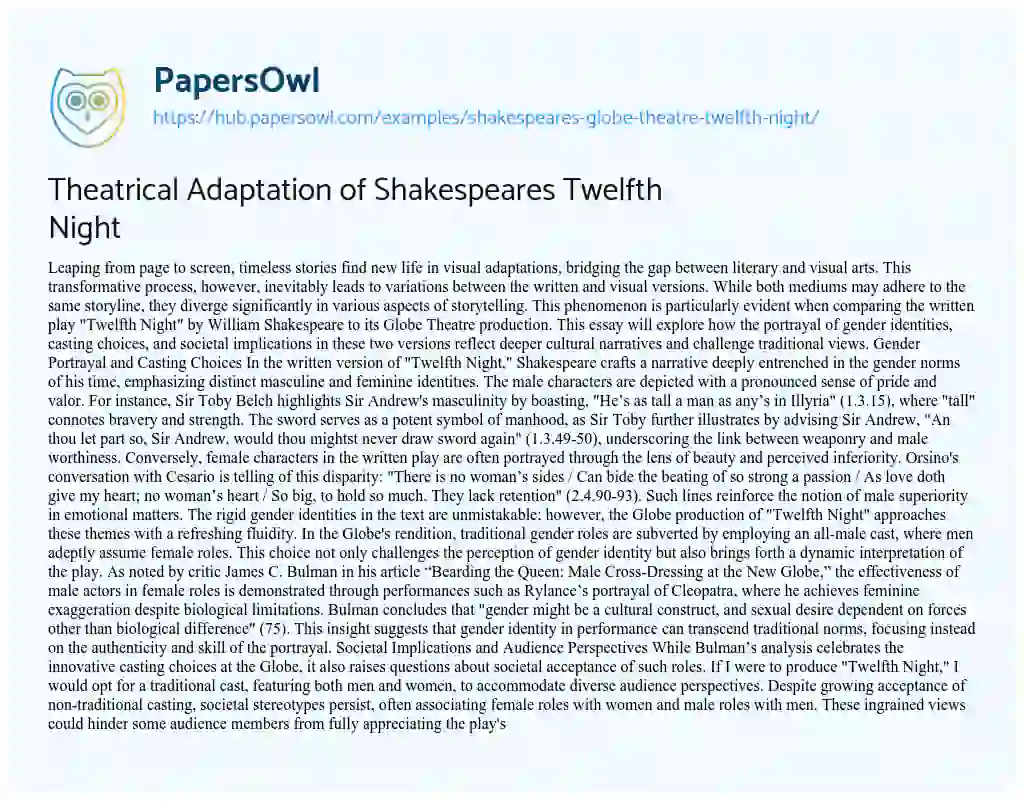 Essay on Theatrical Adaptation of Shakespeares Twelfth Night