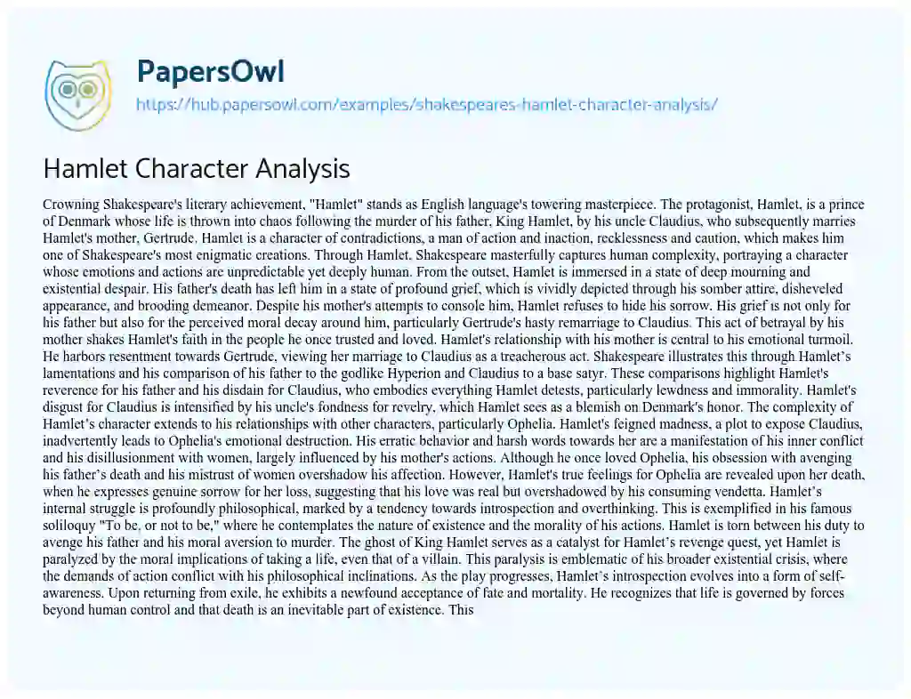 Essay on Hamlet Character Analysis