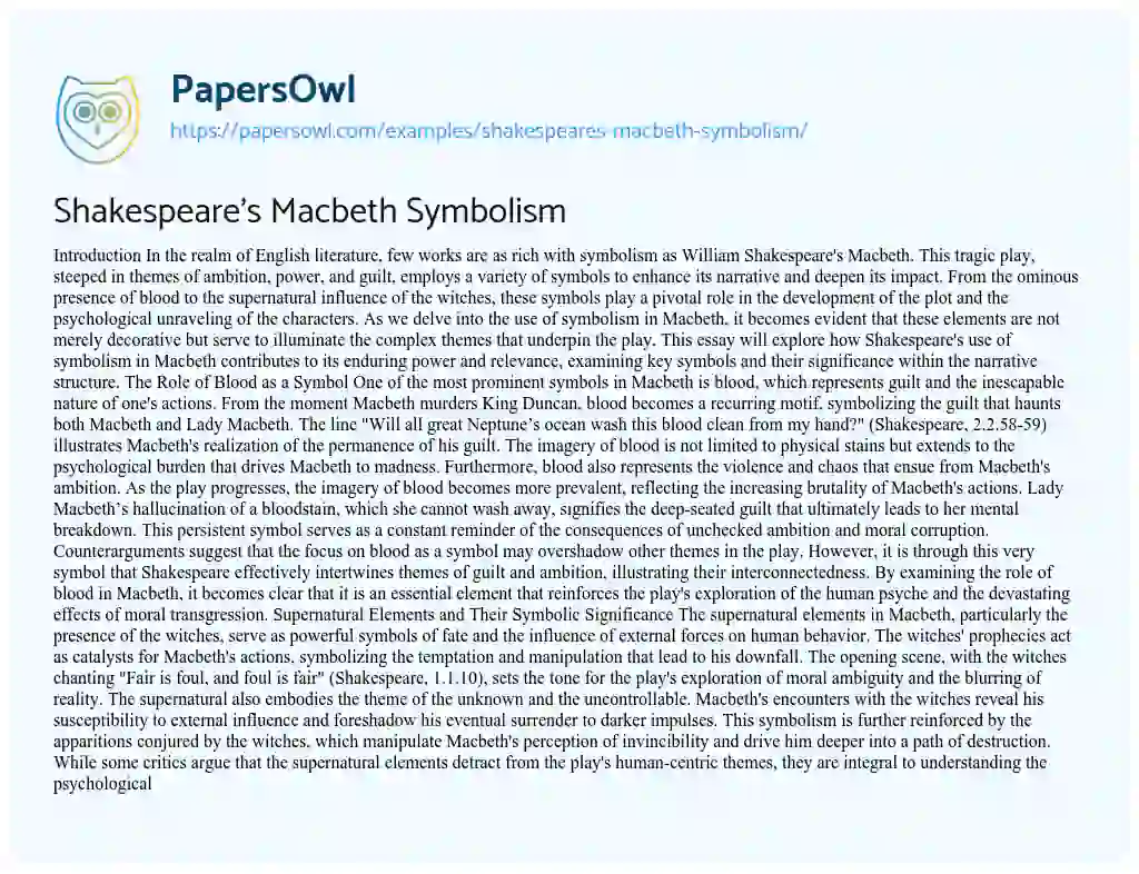 Essay on Shakespeare’s Macbeth Symbolism
