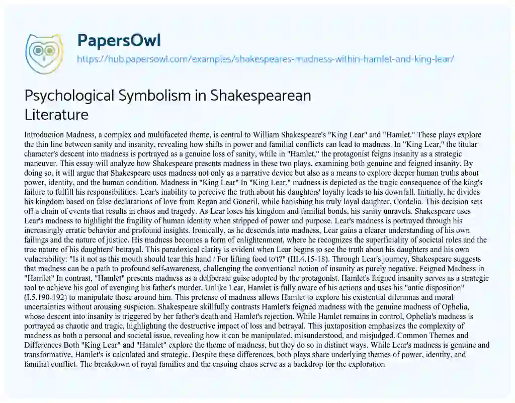 Essay on Psychological Symbolism in Shakespearean Literature