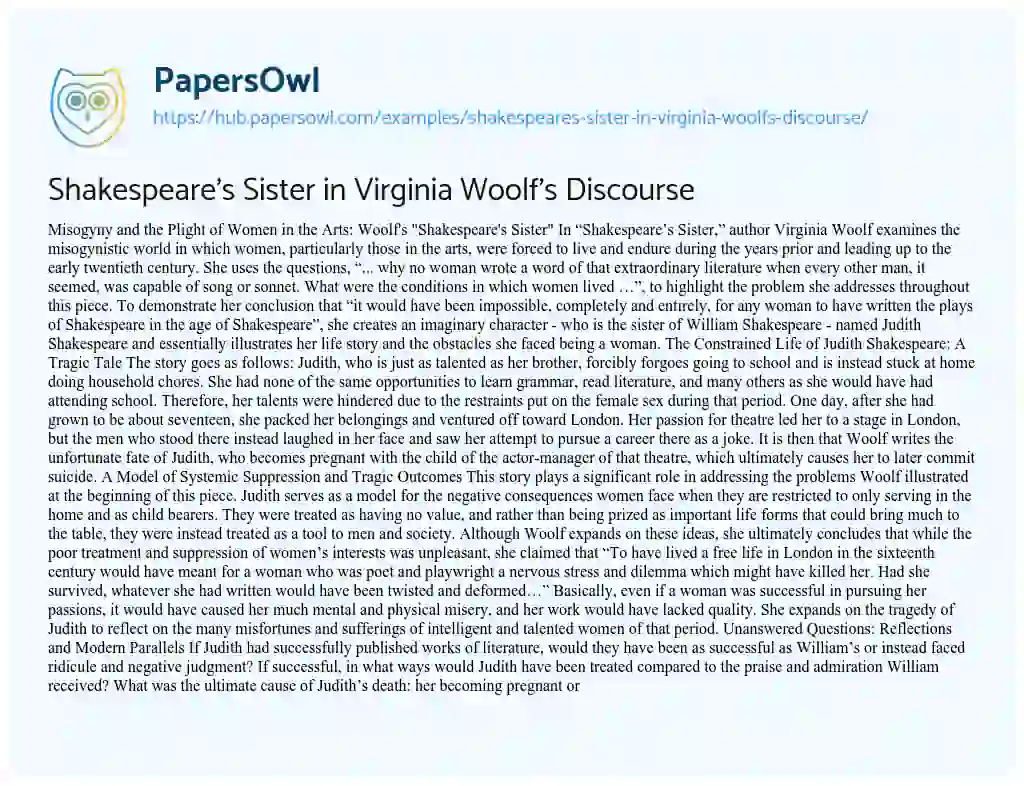 Essay on Shakespeare’s Sister in Virginia Woolf’s Discourse
