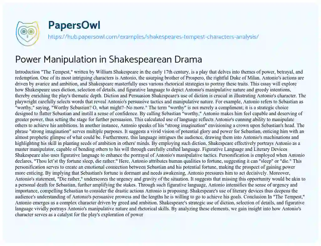 Essay on Power Manipulation in Shakespearean Drama