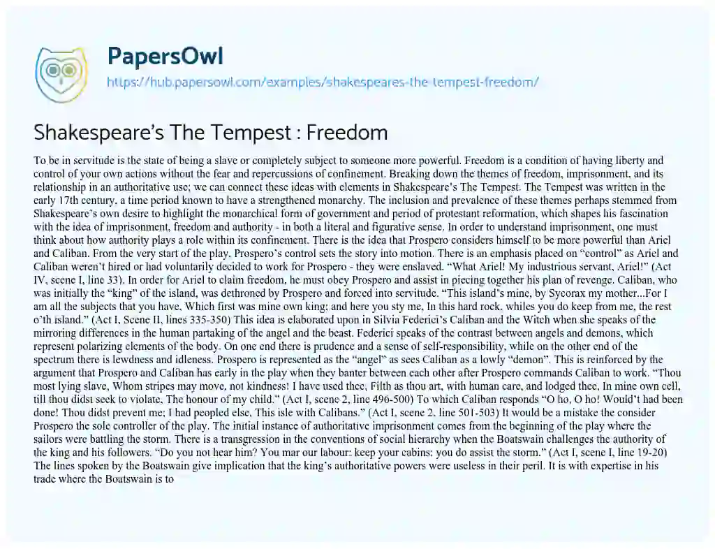 Essay on Shakespeare’s The Tempest : Freedom