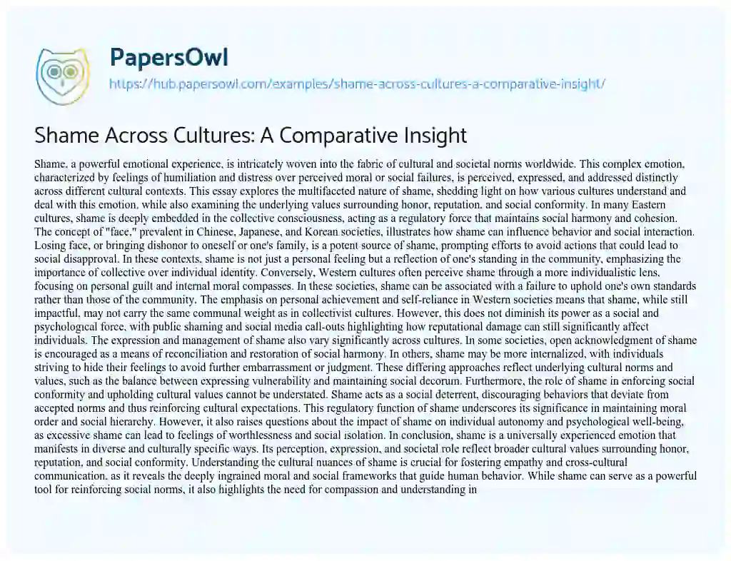 Essay on Shame Across Cultures: A Comparative Insight