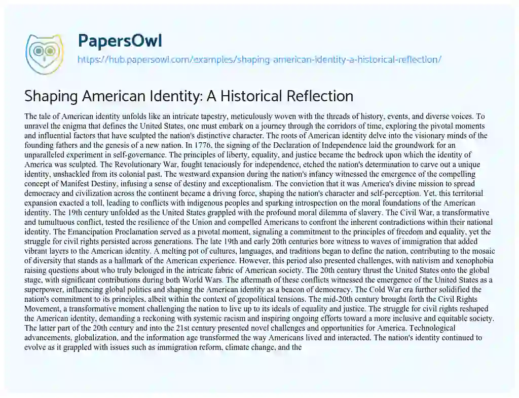 Essay on Shaping American Identity: A Historical Reflection
