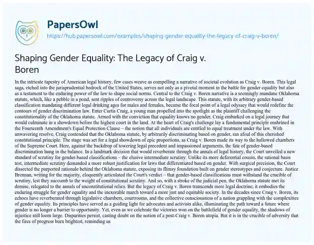 Essay on Shaping Gender Equality: The Legacy of Craig v. Boren