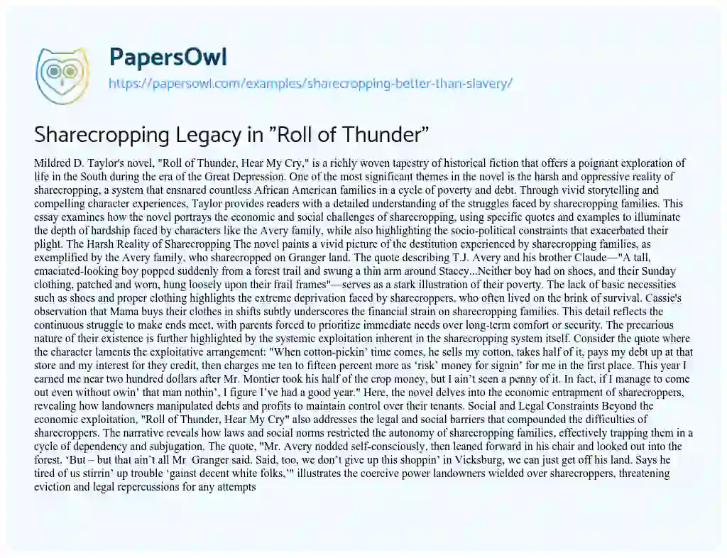 Essay on Sharecropping Legacy in “Roll of Thunder”