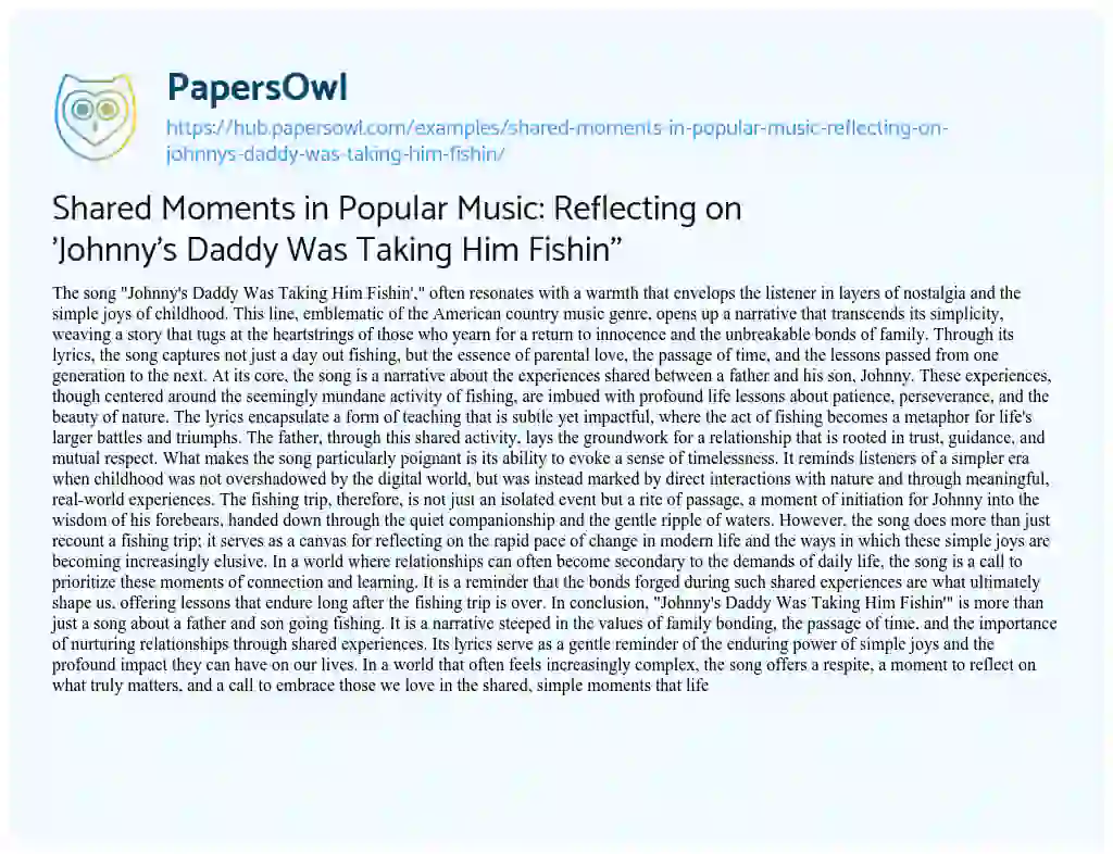 Essay on Shared Moments in Popular Music: Reflecting on ‘Johnny’s Daddy Was Taking Him Fishin”