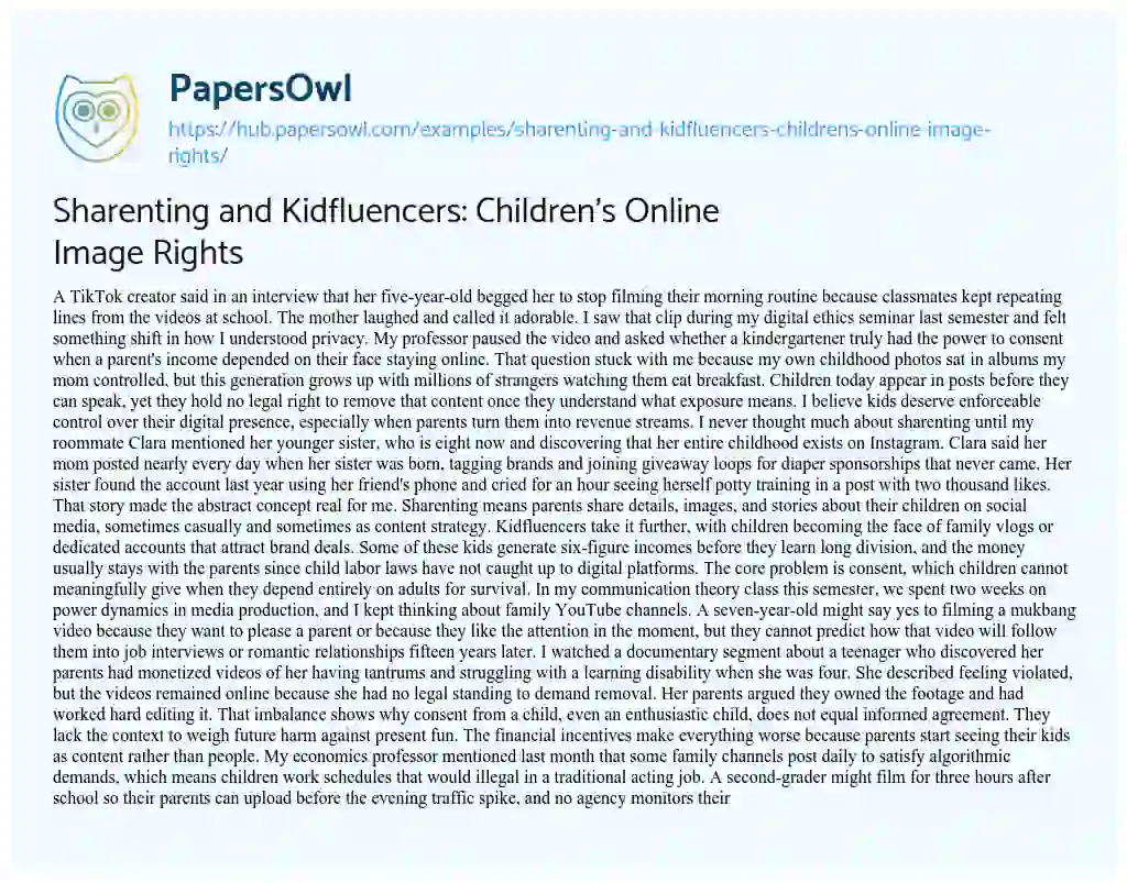 Essay on Sharenting and Kidfluencers: Children’s Online Image Rights