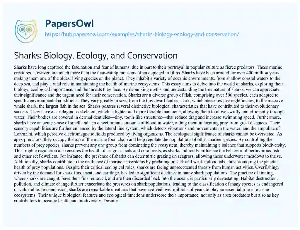 Essay on Sharks: Biology, Ecology, and Conservation