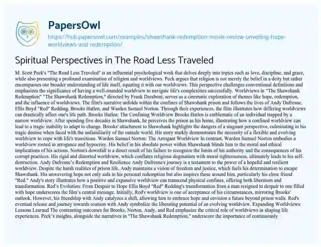 Essay on Spiritual Perspectives in The Road Less Traveled