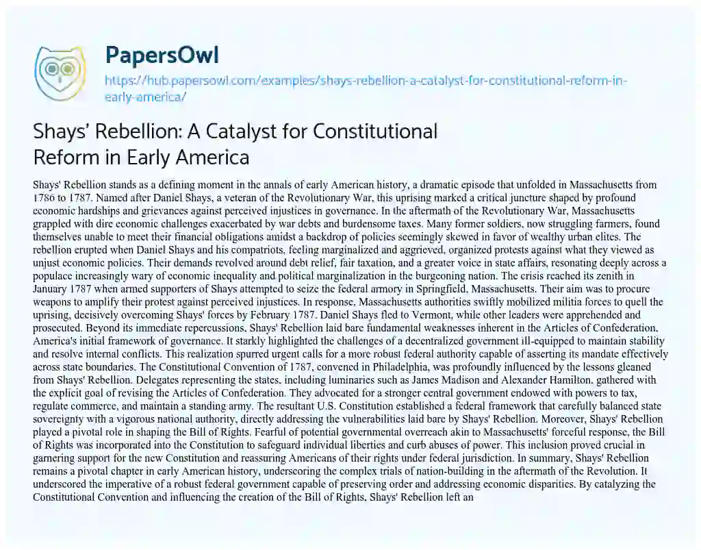 Essay on Shays’ Rebellion: A Catalyst for Constitutional Reform in Early America