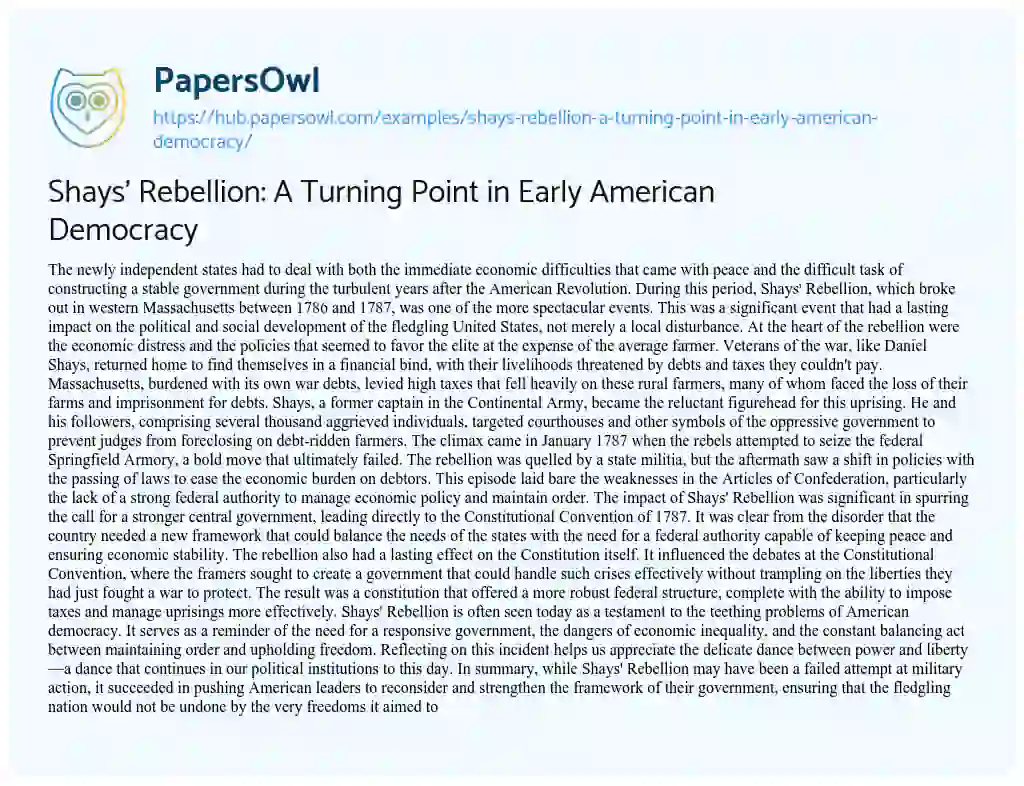 Essay on Shays’ Rebellion: A Turning Point in Early American Democracy