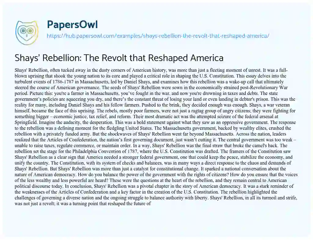 Essay on Shays’ Rebellion: The Revolt that Reshaped America