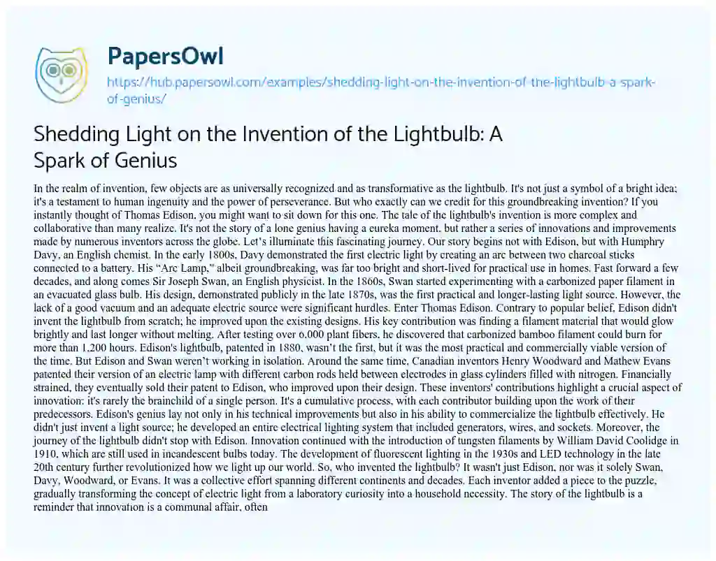 Essay on Shedding Light on the Invention of the Lightbulb: A Spark of Genius