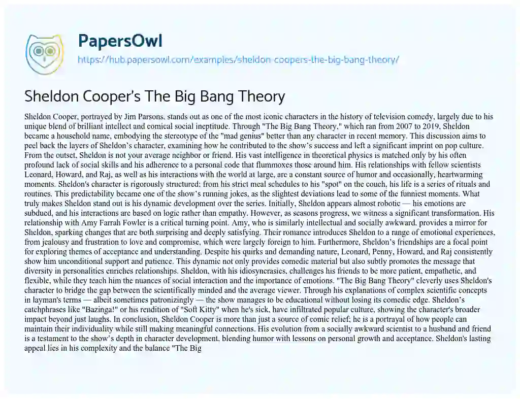 Essay on Sheldon Cooper’s The Big Bang Theory
