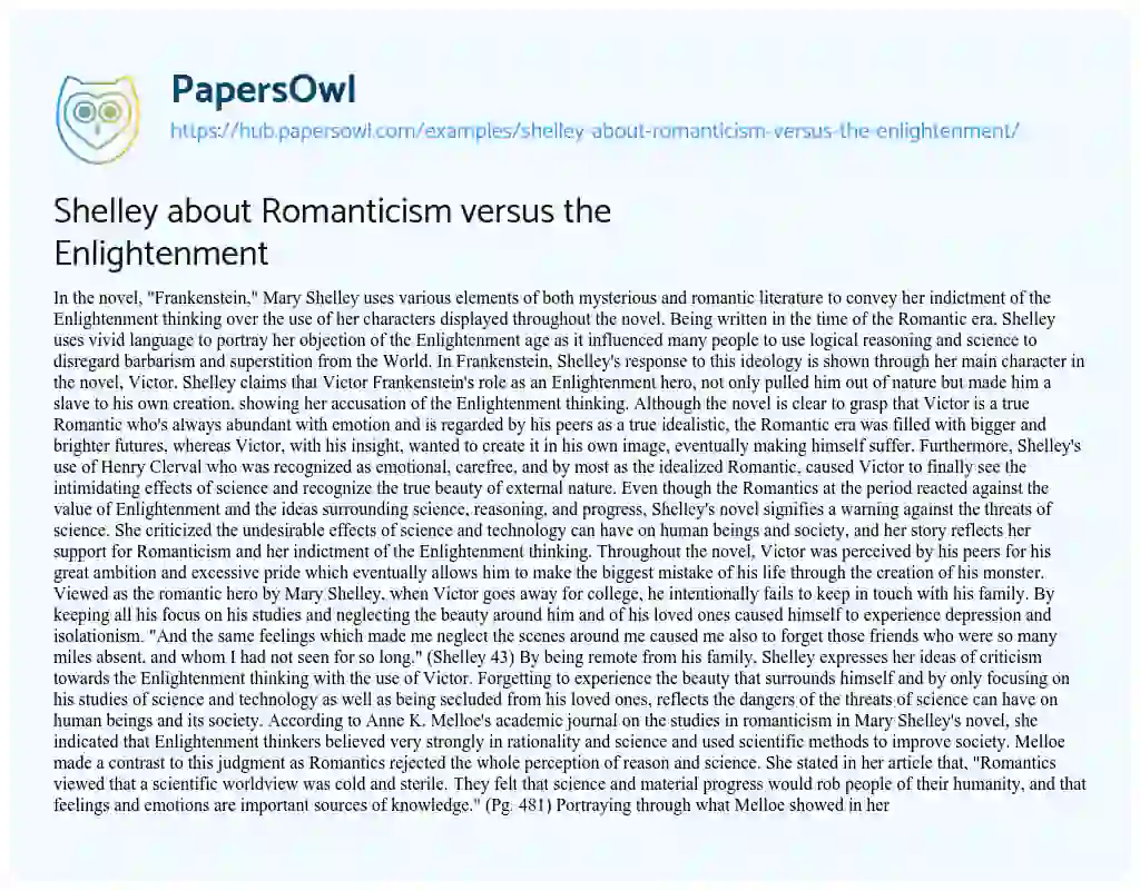 Essay on Shelley about Romanticism versus the Enlightenment
