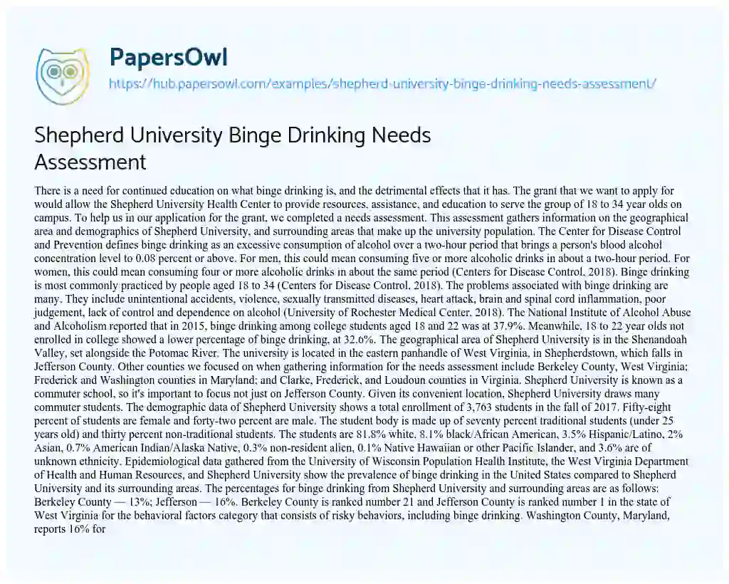 Essay on Shepherd University Binge Drinking Needs Assessment