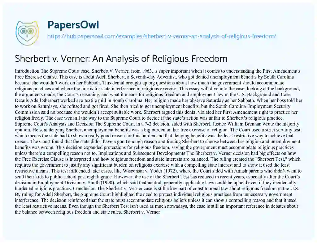 Essay on Sherbert v. Verner: An Analysis of Religious Freedom