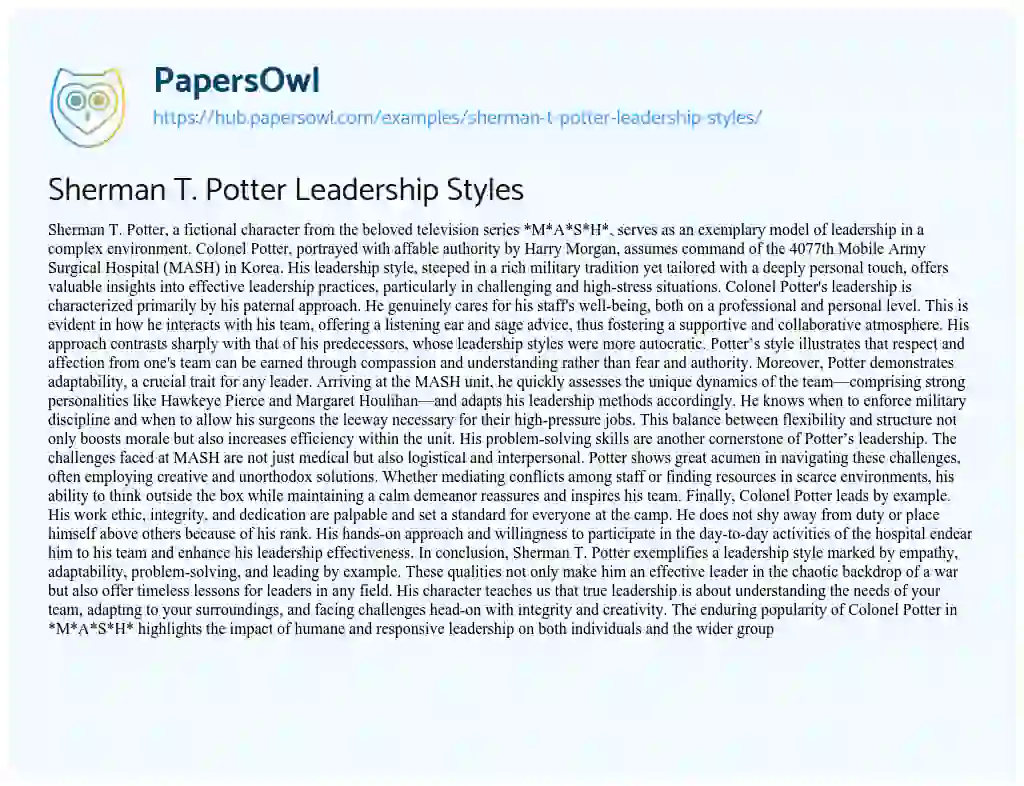 Essay on Sherman T. Potter Leadership Styles