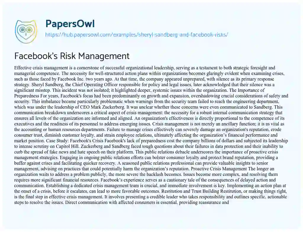 Essay on Facebook’s Risk Management