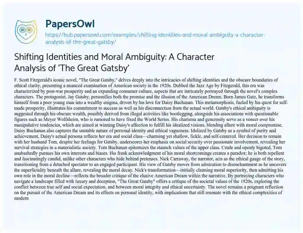 Essay on Shifting Identities and Moral Ambiguity: A Character Analysis of ‘The Great Gatsby’