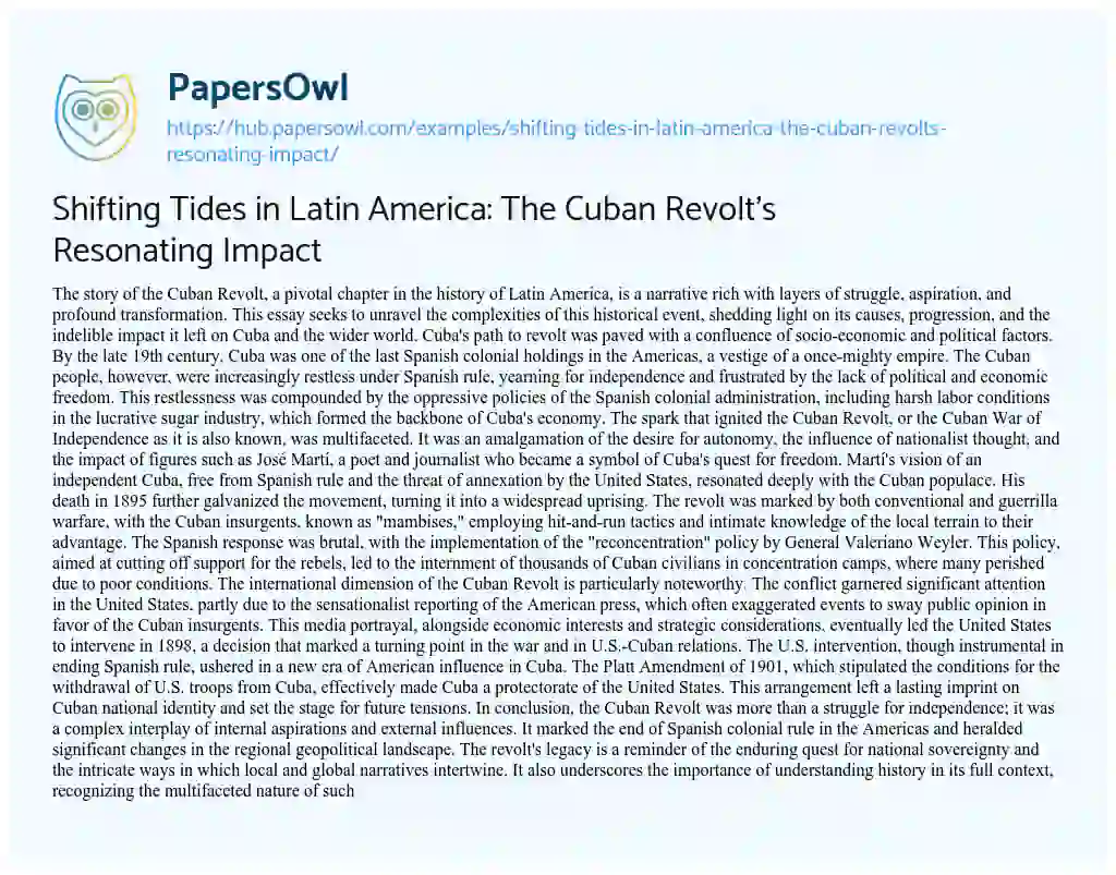Essay on Shifting Tides in Latin America: The Cuban Revolt’s Resonating Impact