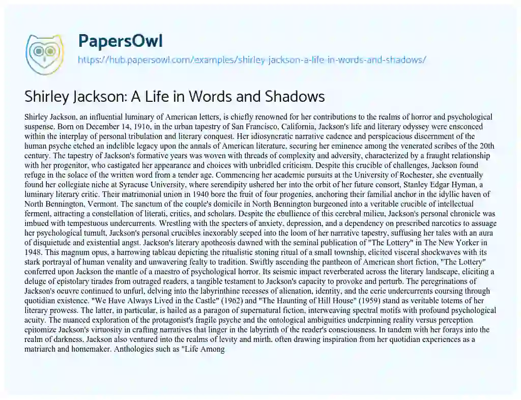 Essay on Shirley Jackson: A Life in Words and Shadows