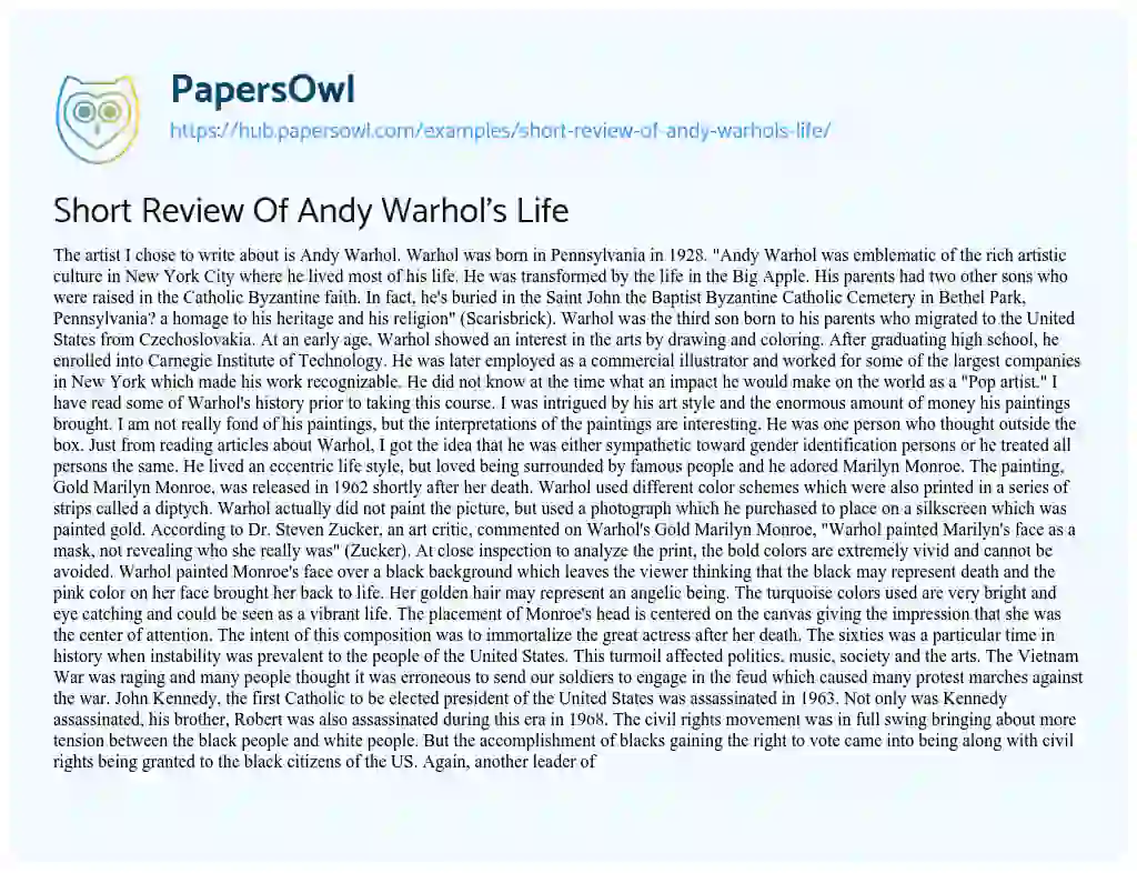 Essay on Short Review Of Andy Warhol’s Life