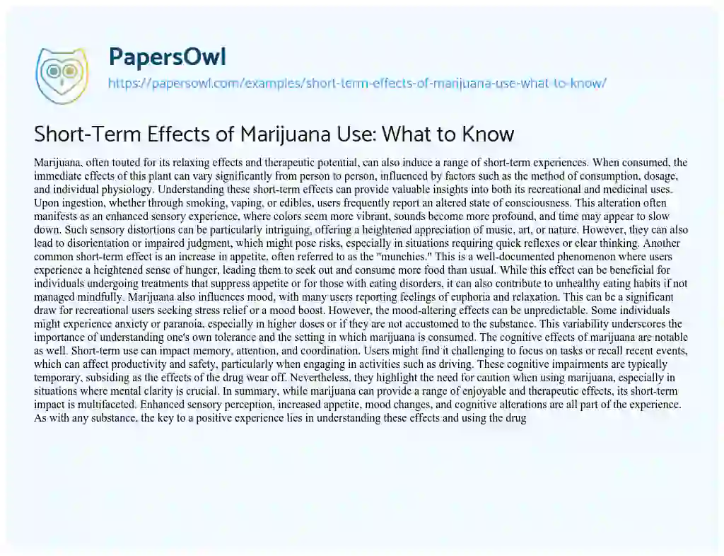 Essay on Short-Term Effects of Marijuana Use: What to Know