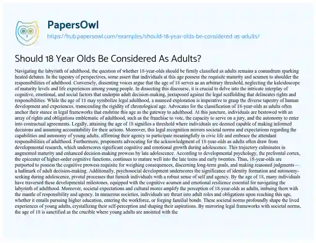 Essay on Should 18 Year Olds Be Considered As Adults?