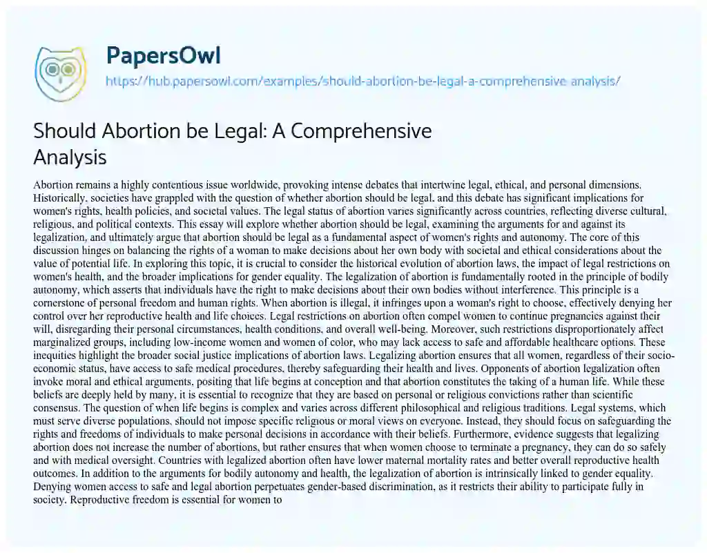 Essay on Should Abortion be Legal: A Comprehensive Analysis