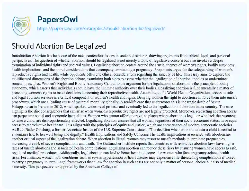 Essay on Should Abortion Be Legalized