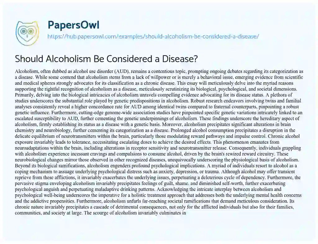 Essay on Should Alcoholism Be Considered a Disease?