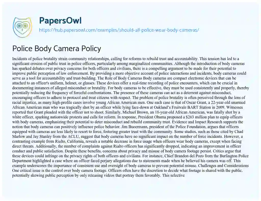 Essay on Police Body Camera Policy