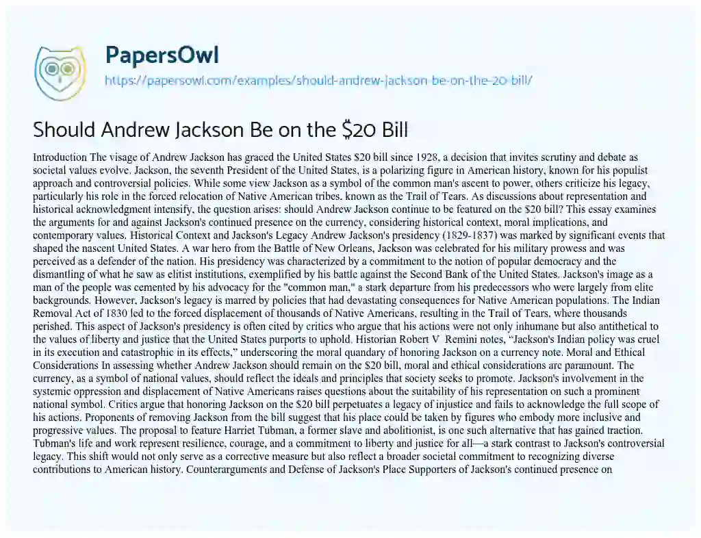 Essay on Should Andrew Jackson Be on the $20 Bill