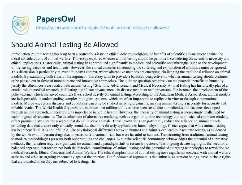 Essay on Should Animal Testing Be Allowed
