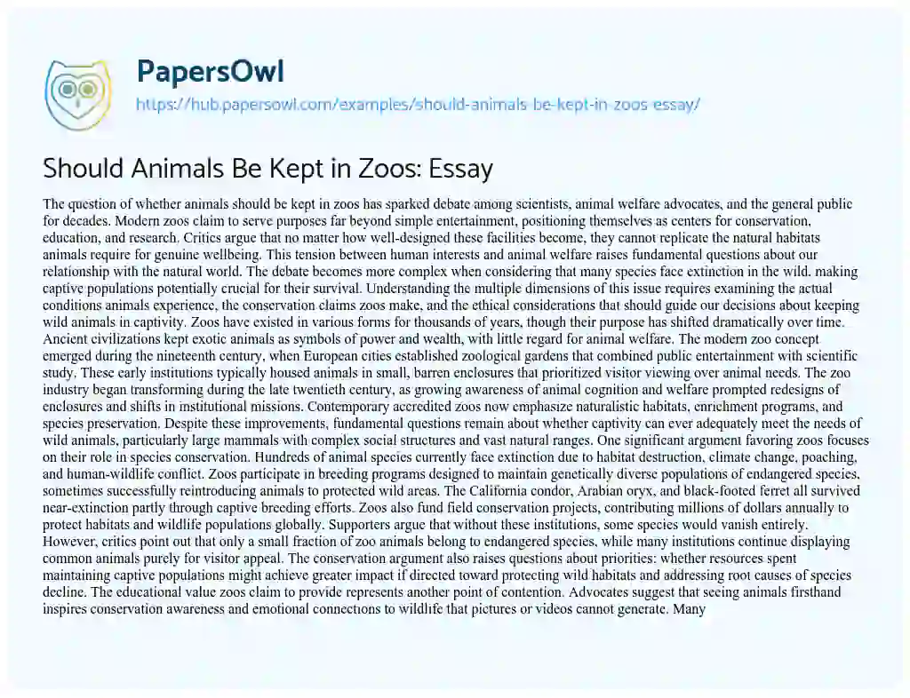 Essay on Should Animals Be Kept in Zoos: Essay