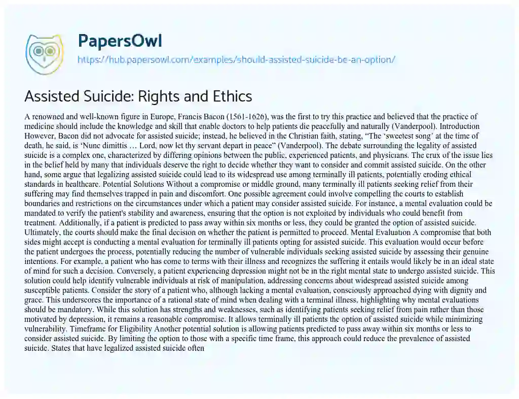 Essay on Assisted Suicide: Rights and Ethics