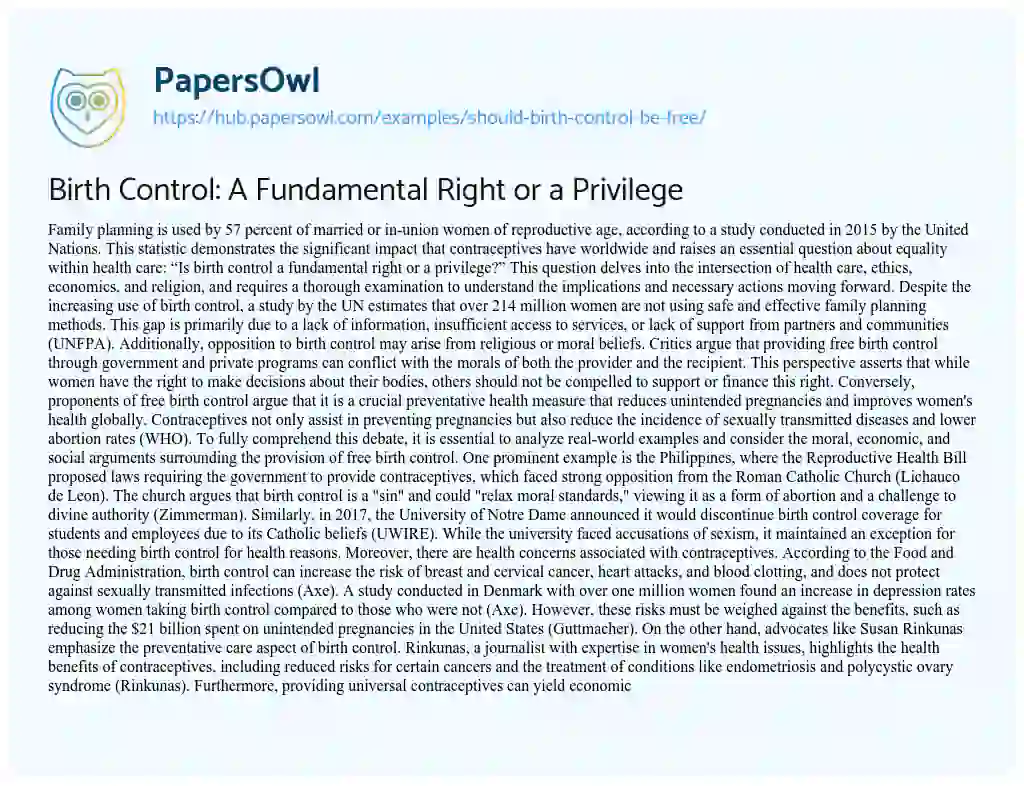 Essay on Birth Control: A Fundamental Right or a Privilege