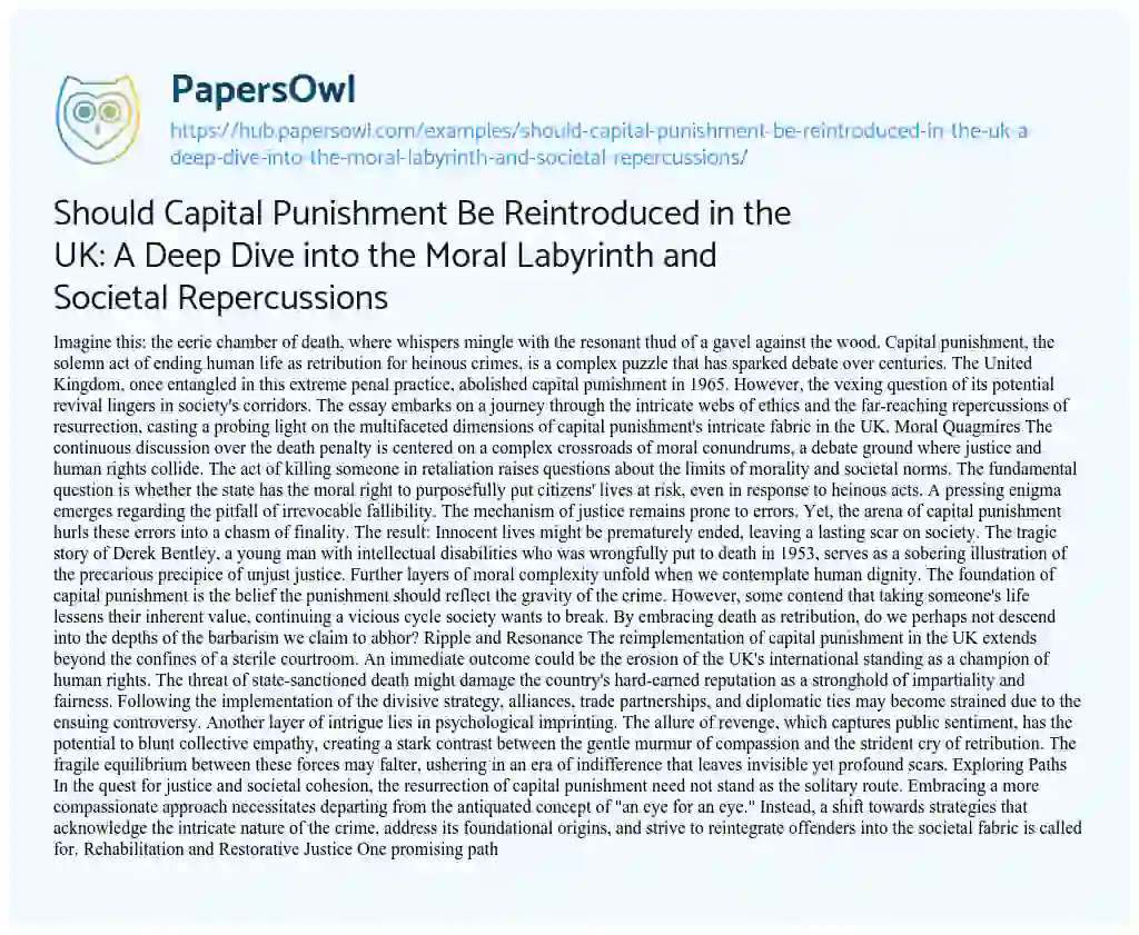 Essay on Should Capital Punishment Be Reintroduced in the UK: A Deep Dive into the Moral Labyrinth and Societal Repercussions