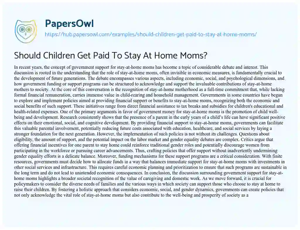 Essay on Should Children Get Paid To Stay At Home Moms?
