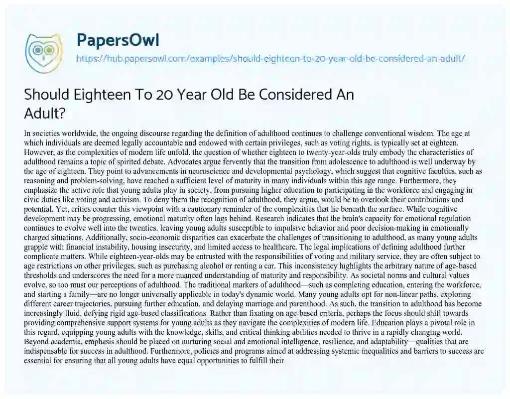 Essay on Should Eighteen To 20 Year Old Be Considered An Adult?